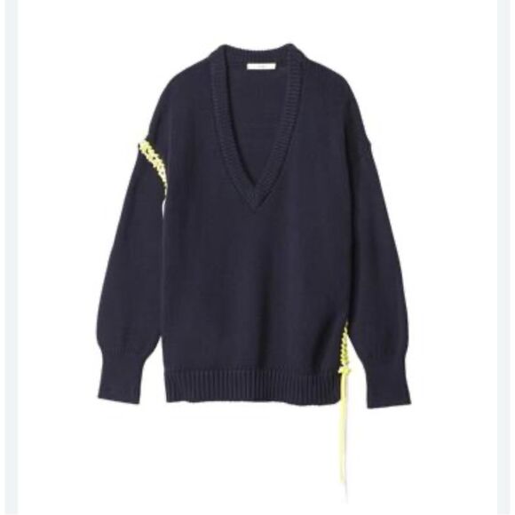 Tibi Navy Blue Heavy Knit Deep V-Neck Oversized Lace Up Accents M Contemporary - Picture 1 of 13